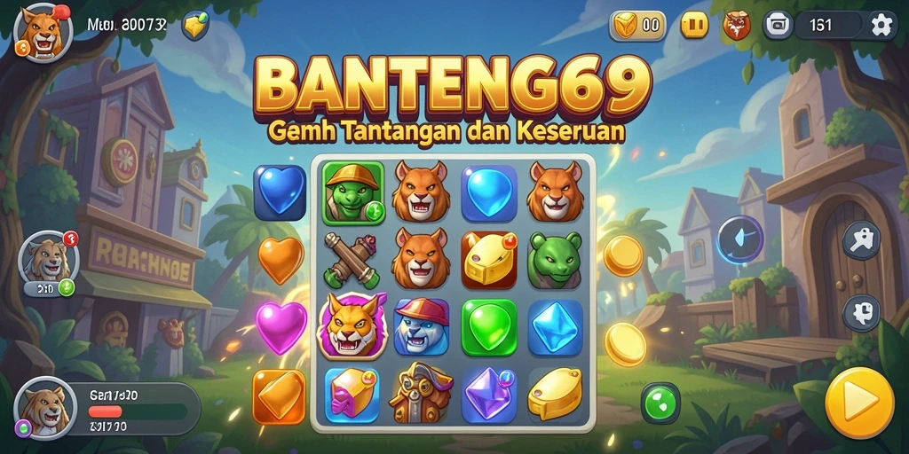 Screenshot utama BANTENG69 menampilkan gameplay Match-3 yang seru dan penuh warna.