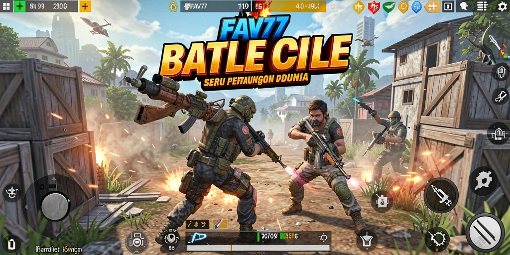 Screenshot utama FAV77 menampilkan aksi seru dalam pertempuran Battle Royale.