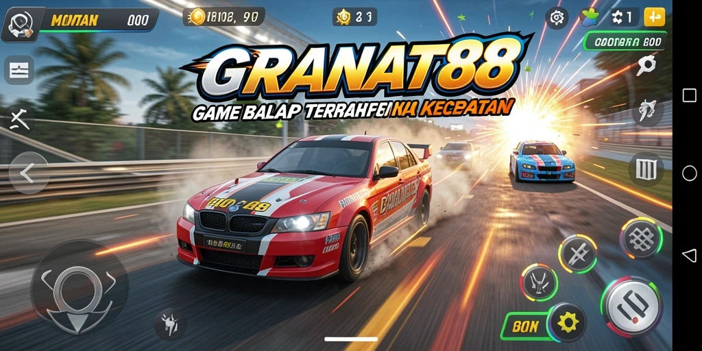 Tampilan menarik dari gameplay GRANAT88 yang menampilkan mobil balap melaju kencang.