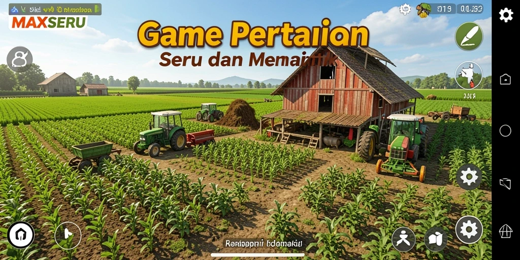 Screenshot gameplay MAXSERU menunjukkan ladang yang subur dengan berbagai tanaman.