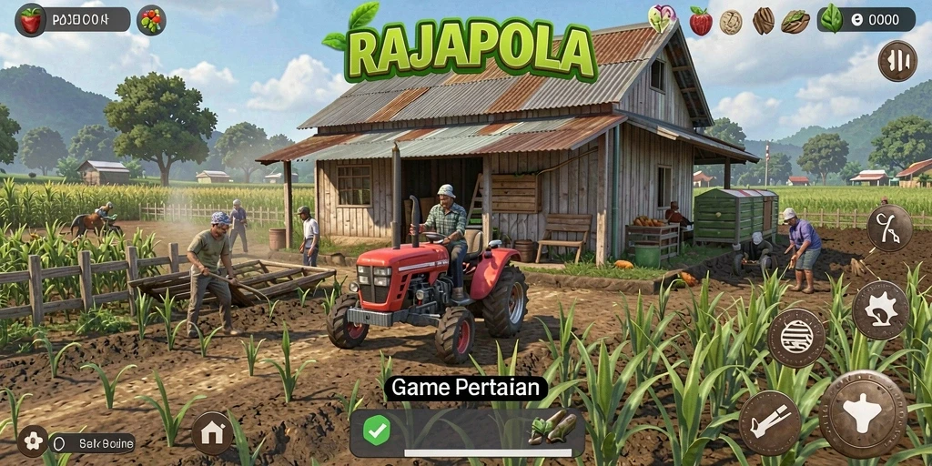 Screenshot gameplay <strong>RAJAPOLA</strong> yang menunjukkan aktivitas bertani yang seru.