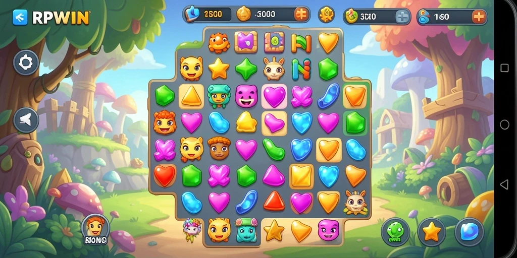 Tangkapan layar utama RPWIN memperlihatkan gameplay match-3 yang menarik dan penuh warna.