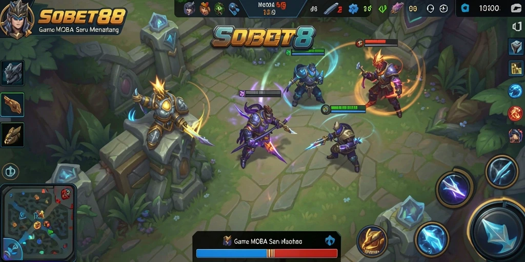 Gameplay intens dengan tim bertanding di arena MOBA.