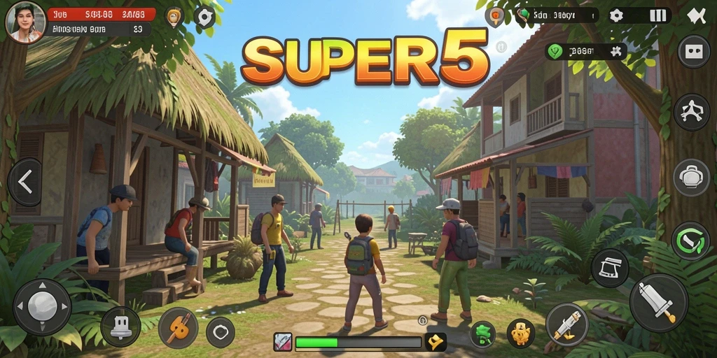 Tampilan gameplay seru dari SUPER5 dalam dunia simulasi yang penuh warna.