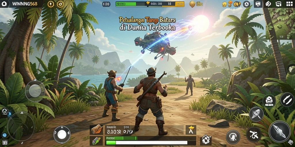 Screenshot menunjukkan pemain menjelajahi dunia terbuka dengan grafis memukau.